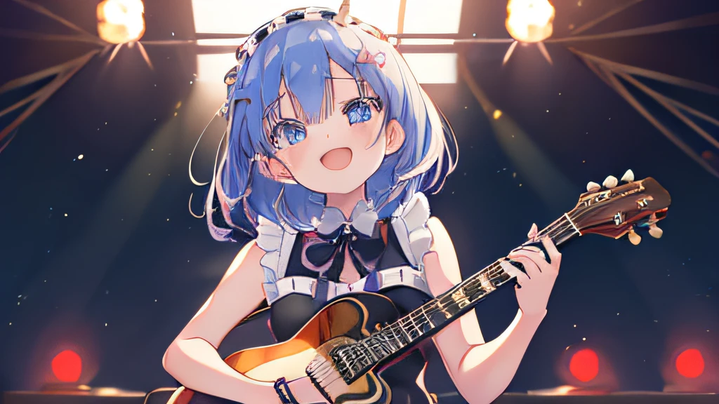 ((masutepiece)), ((Best Quality)), (Ultra-detailed), Anime style, Live performance venue, Cute little girl s, 1girl in, Solo, Playing the guitar 00, Bunny Girl 00, ((Beautiful eyes))0, Smile