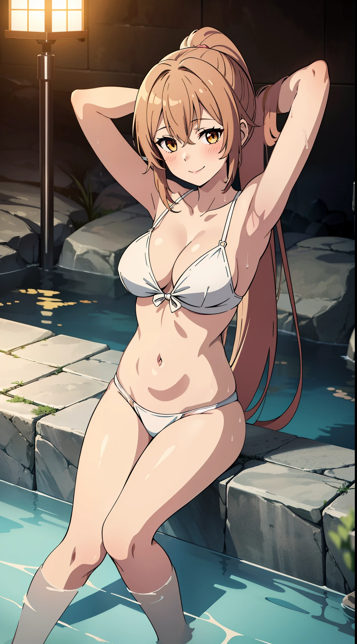2D, HD, Detailed details, top-quality, Highly detailed, masterpiece, best quality, highres, solo, 1girl, aamumei, very long hair, ponytail, ahoge, looking at viewer, smile, nime styled, breast, teen, blush, navel, nighttime, body, arms behind back, cleavage, tits, armpits, smile, onsen, wet, partially submerged, water, sit, bathing, Take a dip