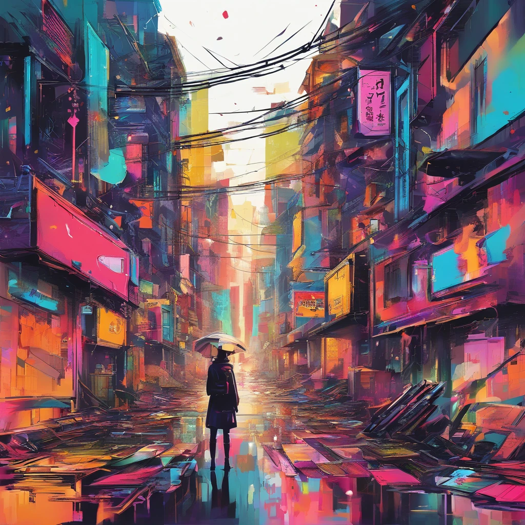 ((masutepiece)), ((8K)),( Ultra-high resolution), ((Highly detailed)), A dystopian future depicted in Fauvist style in Tokyo, Rain-soaked street reflects neon lights, (Cities dominated by biomechanical design), (In the rubble, Lonely silhouette of a girl standing on a pile of rubble), (Background in oil with intense primary colors that vibrate)