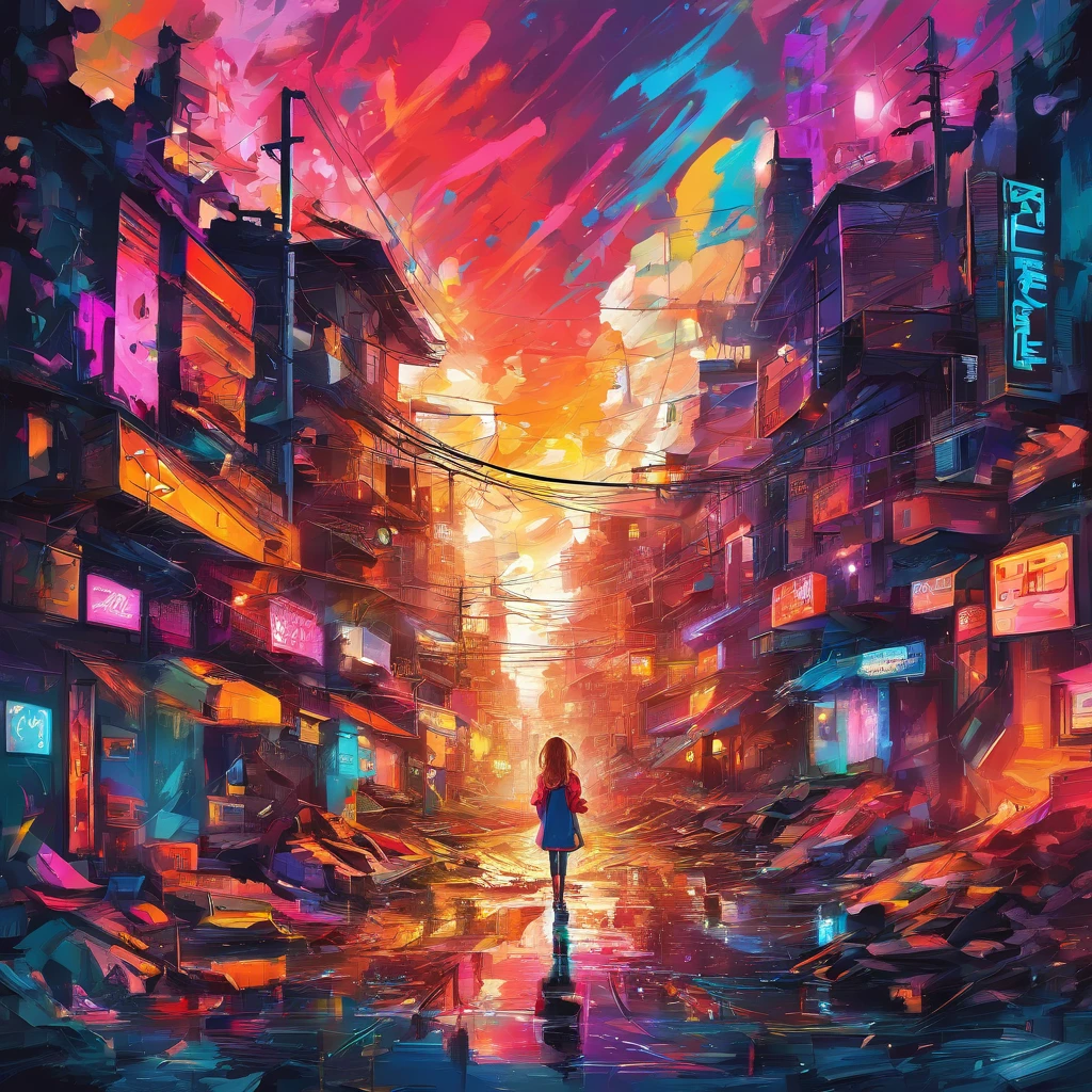 ((masutepiece)), ((8K)),( Ultra-high resolution), ((Highly detailed)), A dystopian future depicted in Fauvist style in Tokyo, Rain-soaked street reflects neon lights, (Cities dominated by biomechanical design), (In the rubble, Lonely silhouette of a girl standing on a pile of rubble), (Background in oil with intense primary colors that vibrate)