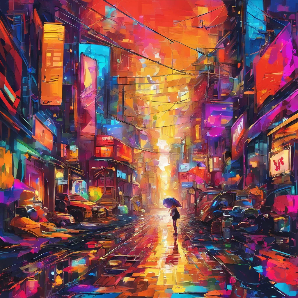((masutepiece)), ((8K)),( Ultra-high resolution), ((Highly detailed)), A dystopian future depicted in Fauvist style in Tokyo, Rain-soaked street reflects neon lights, (Cities dominated by biomechanical design), (In the rubble, Lonely silhouette of a girl standing on a pile of rubble), (Background in oil with intense primary colors that vibrate)