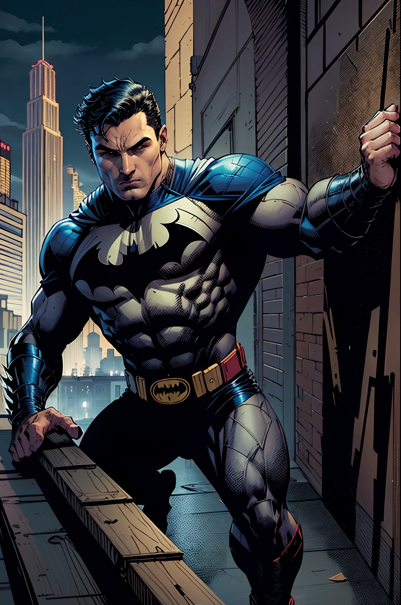 Robin the boy prodigy, filho de Batman ou Bruce Wayne, rebelde, astucioso, forte, jnlclinado to do justice, amante das artes marciais como jiu jitsu, aikido, Kung Fú and others, Estilo desenho da DC COMICS, The Dark City.