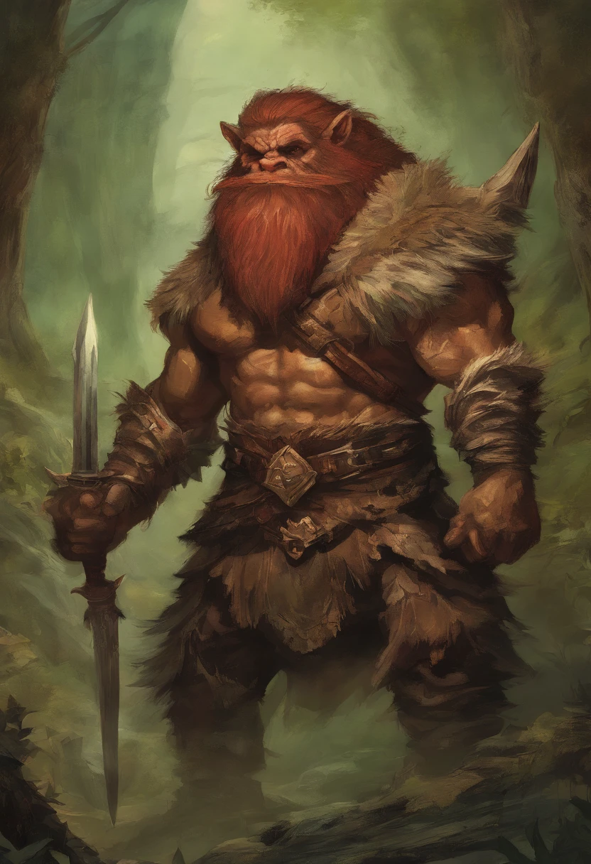 man, Viking, short stature, Age 60 years, strong, thick, big breasts, big belly, Red hair, big red beard, thick body hair, густые Red hair на груди, густые Red hair на животе, густые Red hair на лобке, густые Red hair на яйцах, tattoos on body, very shy, In the woods, birch trees, nature, in a short skirt made of deerskin