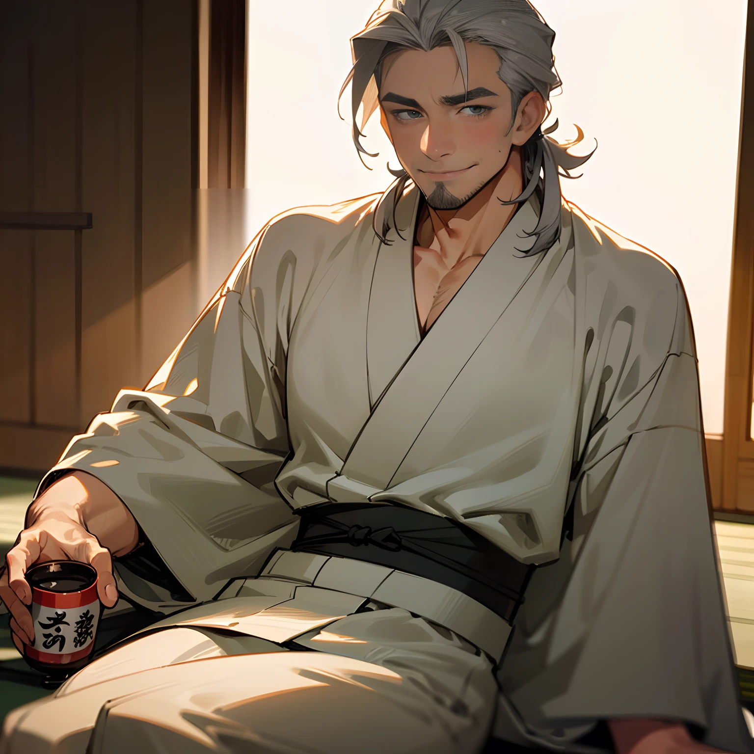 (highres:1.2),handsome ((older)) middle aged man,sexy,casual kimono,sitting on the floor drinking sake from a sake cup,warm smile,blushing,(drawn anime), stubble, (wrinkles:1.2), swept-back gray hair, perfect detailed eyes, hairy body, gray body hair, vivid colors,soft lighting