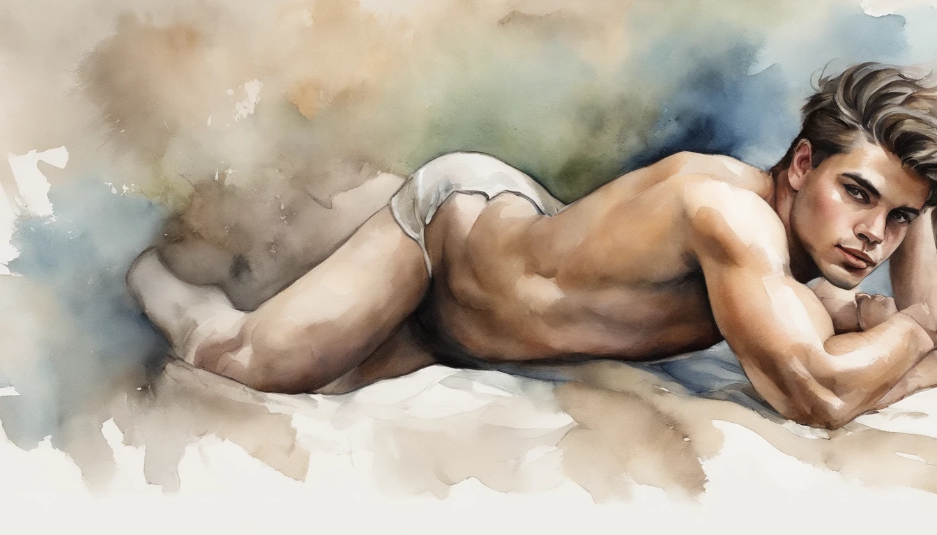 portrait of a handsome guy, , shirtless, barechest, without beard, with black messy wavy hair, super light blue eyes, thick lips, defined muscles, fit, ripped body, full body shot, ultra highest detailed face, darmatic lighting, dim light, tight short boxer-briefs, tight underwear, briefs, tight, lay on his back on bed, legs open