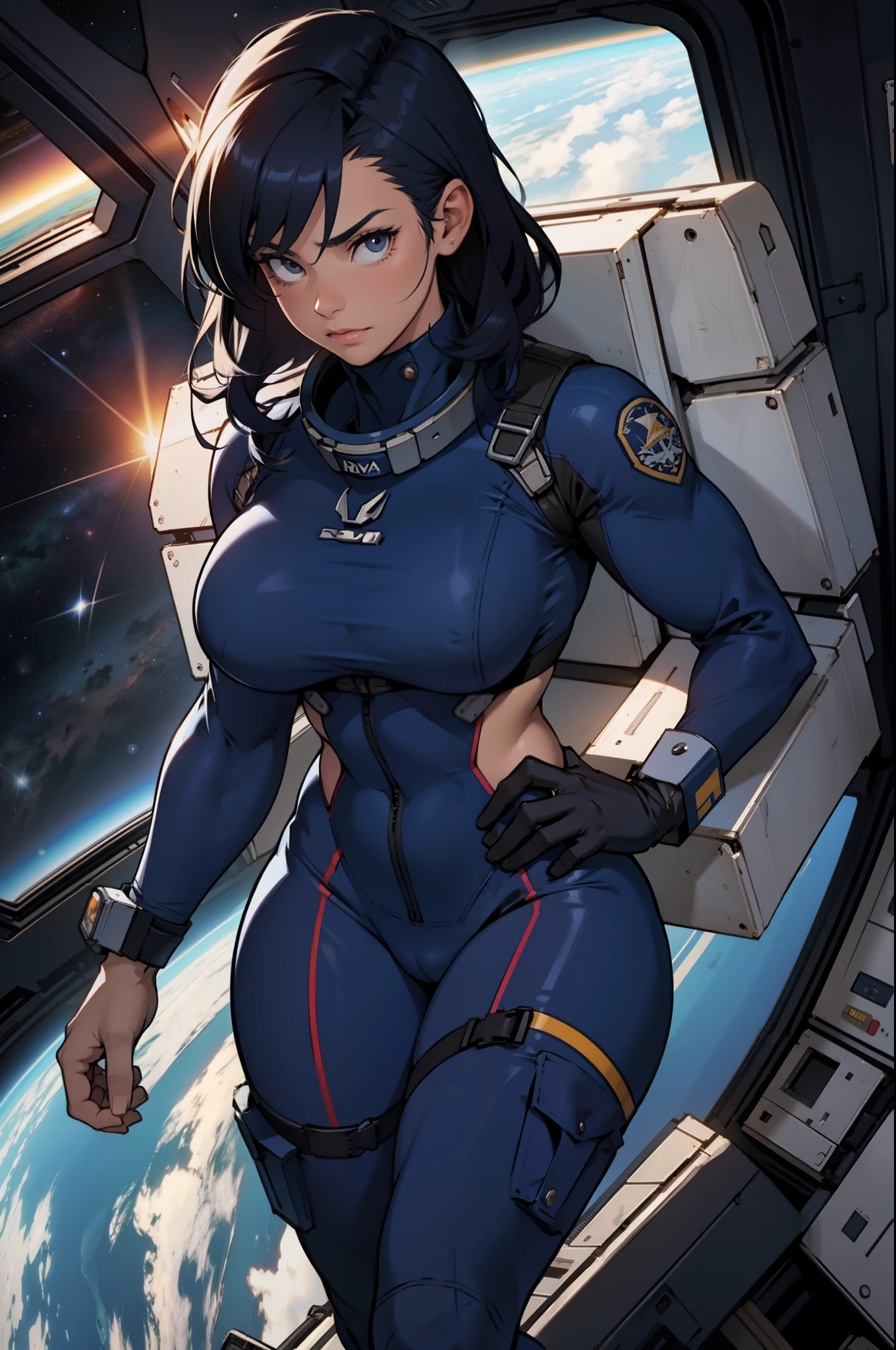 navy hair muscular large breasts thick thighs pilot suit solo looking at viewer in space