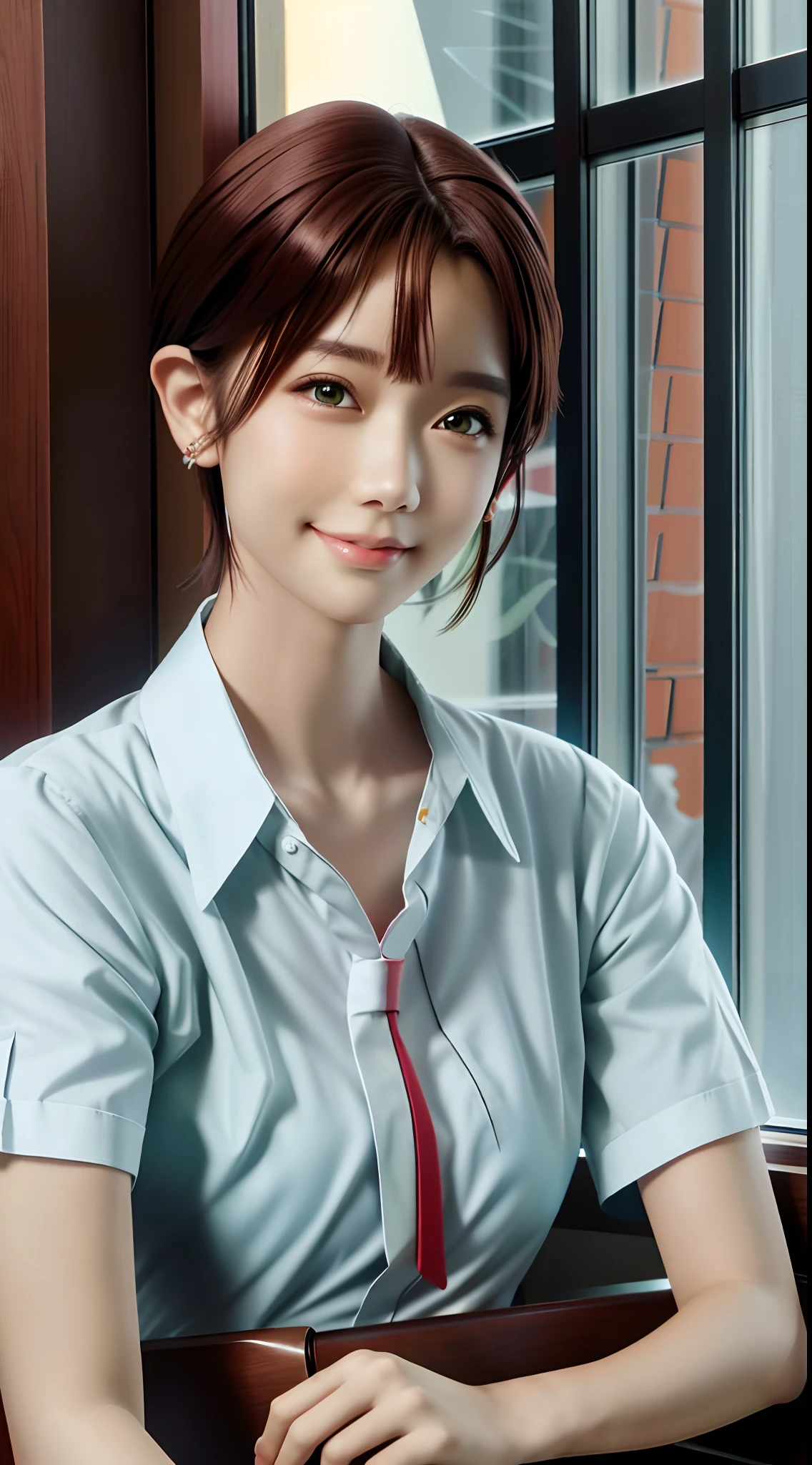 masutepiece, Highest Quality, Best Quality, 1girl in, Solo, Looking at Viewer, , Rin Tezuka, (Amputee without arms:1.2), Brown hair, Collar, Collared shirt, (Double amputee:1.2), Green eyes, Katawa Girl, red necktie, Shirt, Short hair, Solo, White shirt,  lozhkin, grin, accurate teeth with gaps