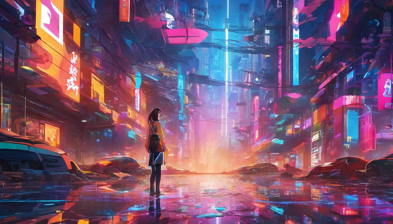((masutepiece)), ((8K)),( Ultra-high resolution), ((Highly detailed)), A dystopian future in Tokyo in Fauvist style, Rain-soaked street reflects neon lights, (Cities dominated by biomechanical design), (In the rubble, Lonely silhouette of a girl standing on a pile of rubble), (Vibrating intense primary color oil background)
