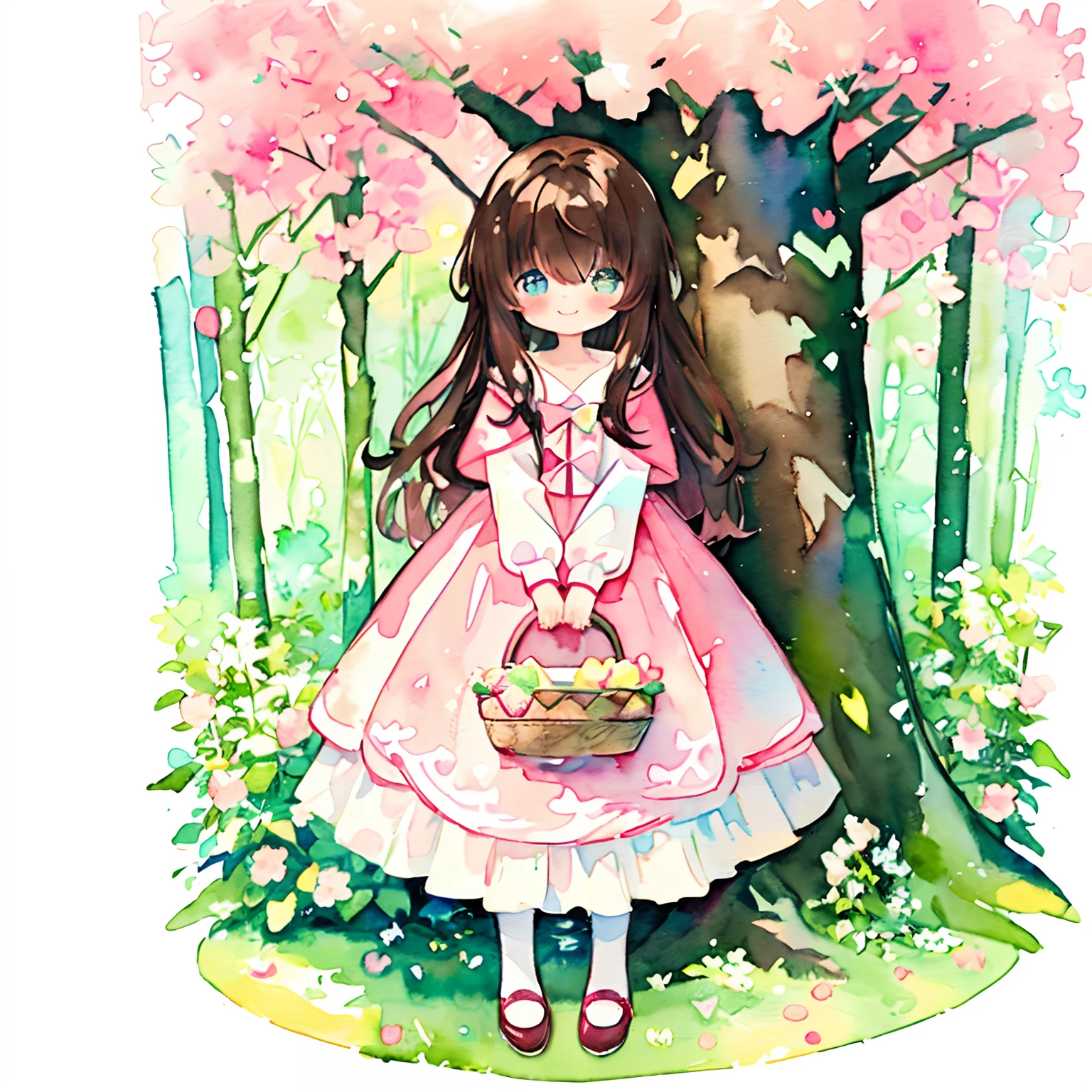 (PastelColors:1.5)、(Cute illustration:1.5)、(watercolor paiting:1.2)、hair between eye、forested background、girl with、full body Esbian、facing front、Little Red Riding Hood Motif、Growing trees々、smil、Looks fun、Innocence、brown haired、Holding a basket of fruit、Looks fun、Innocence