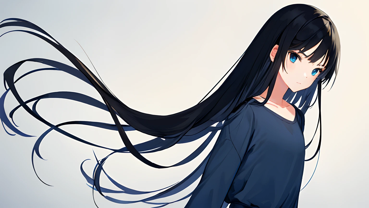 megami_zenitsu, masterpiece, 1girl, solo, pov, black hair, blue eyes, medium to long hair, small breast, flat chest, small posture, slight smile, standing, space background, reaching out, face focus, limbo, casual outfit, looking at viewer, from right side angle