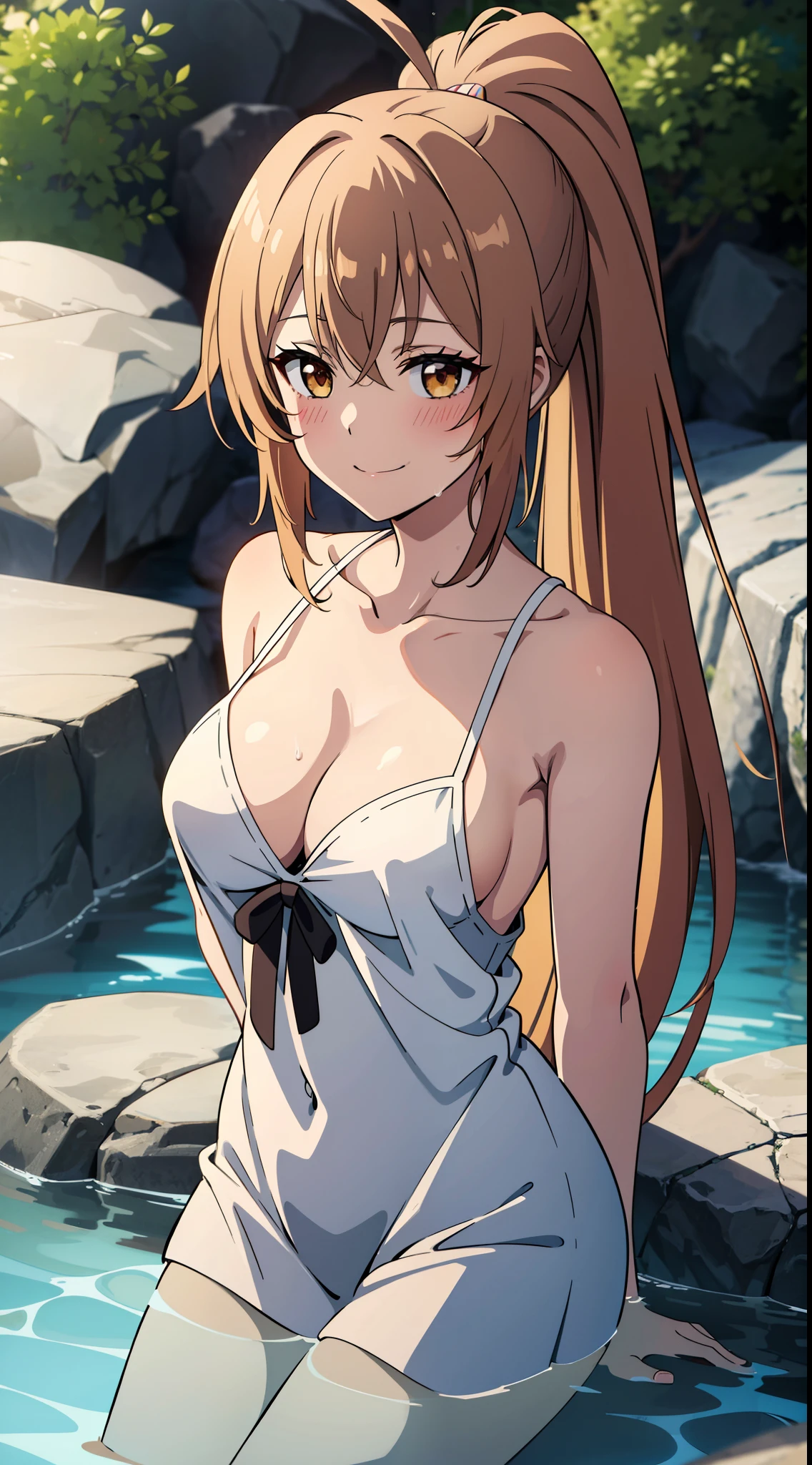 2D, HD, Detailed details, top-quality, Highly detailed, masterpiece, best quality, highres, solo, 1girl, aamumei, very long hair, ponytail, ahoge, looking at viewer, smile, anime styled, breast, , blush, body, arms behind back, cleavage, smile, onsen, wet, partially submerged, water, bathing, Take a dip