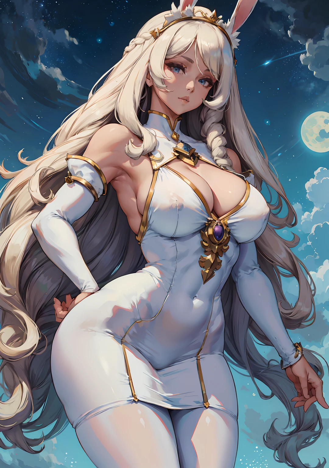 csr style, SFW, best resolution, Walppaper HD 8K, beautiful and detailed face, Bunny Goddes, face close, long white curly hair,  long white majestic queen dress, white pantyhose, starry night background moonlight.