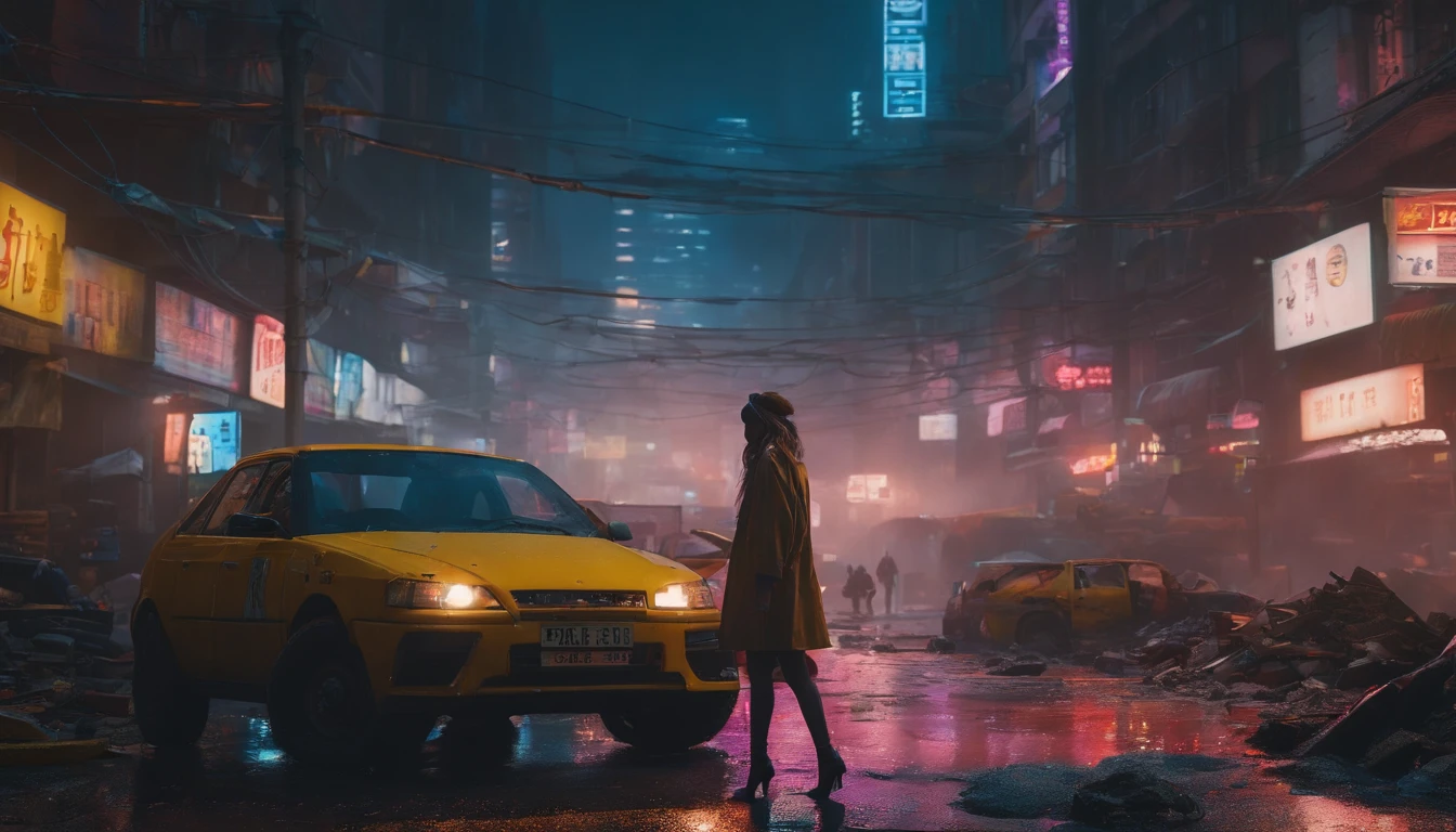 ((masutepiece)), ((8K)),( Ultra-high resolution), ((Highly detailed)), A dystopian future in Tokyo in Fauvist style, Rain-soaked street reflects neon lights, (Cities dominated by biomechanical design), (In the rubble, Lonely silhouette of a girl standing on a pile of rubble), (Vibrating intense primary color oil painting background)