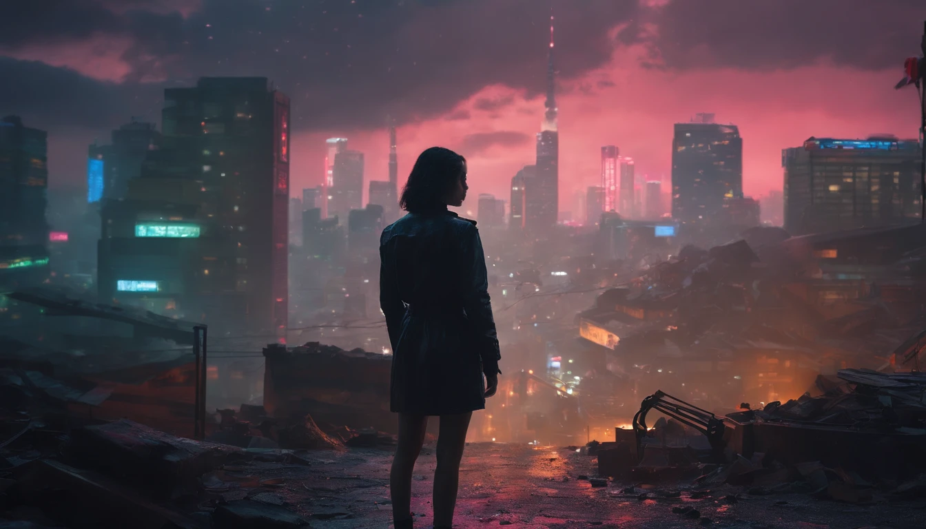 ((masutepiece)), ((8K)),( Ultra-high resolution), ((Highly detailed)), A dystopian future in Tokyo in Fauvist style, Rain-soaked street reflects neon lights, (Cities dominated by biomechanical design), (In the rubble, Lonely silhouette of a girl standing on a pile of rubble), (Vibrating intense primary color oil painting background)