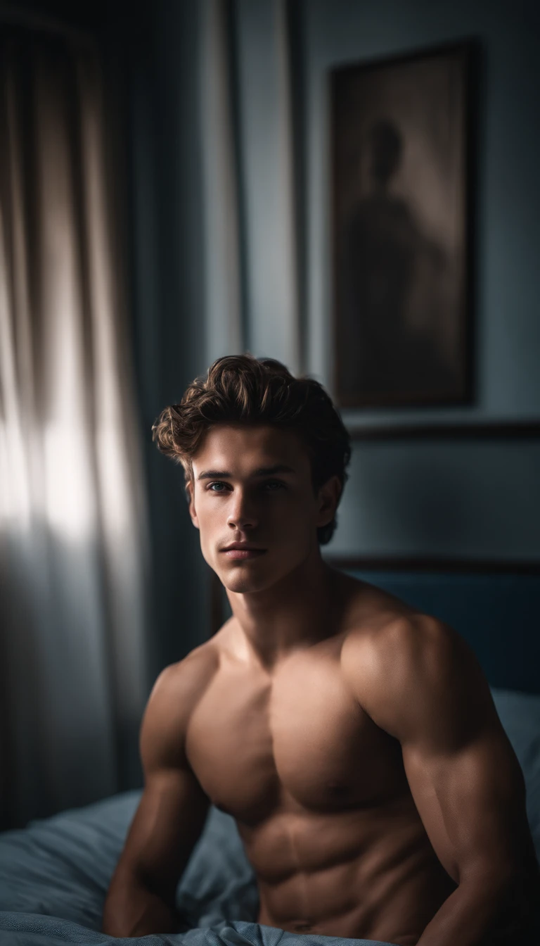 portrait of a handsome guy, , shirtless, barechest, without beard, with dark messy wavy hair, super light blue eyes, thick lips, defined muscles, fit, ripped body, full body shot, ultra highest detailed face, nighttime, darmatic lighting, dim light, tight short boxer-briefs, tight underwear, briefs, tight, lay on his back on bed, legs open