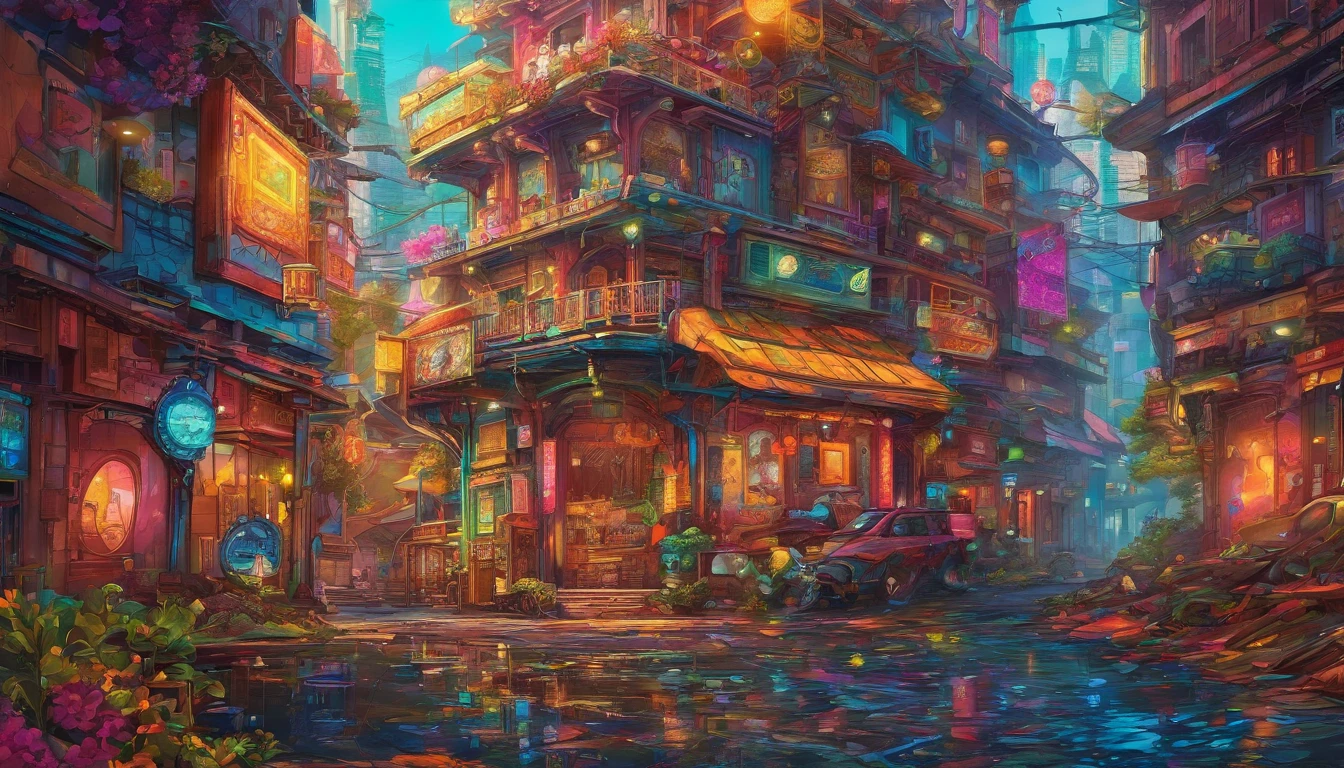 ((masutepiece)), ((8K)),( Ultra-high resolution), ((Highly detailed)), The Fauvist-inspired dystopian future of Tokyo, Rain-soaked street reflects neon lights, (Cities dominated by biomechanical design), (In the rubble, Lonely silhouette of a girl standing on a pile of rubble), (Vibrating on intense primary color oil painting background)