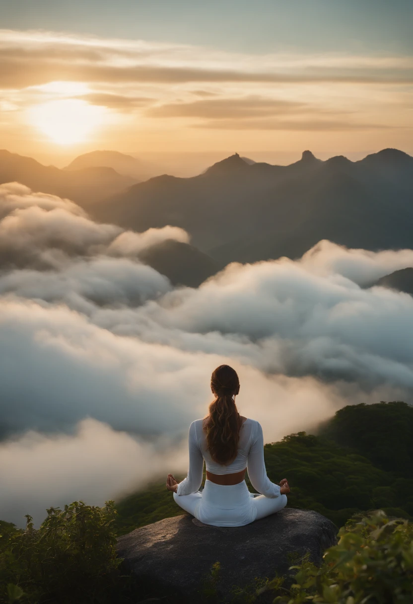 A woman sitting on a rock in the middle of a mountain with clouds ...