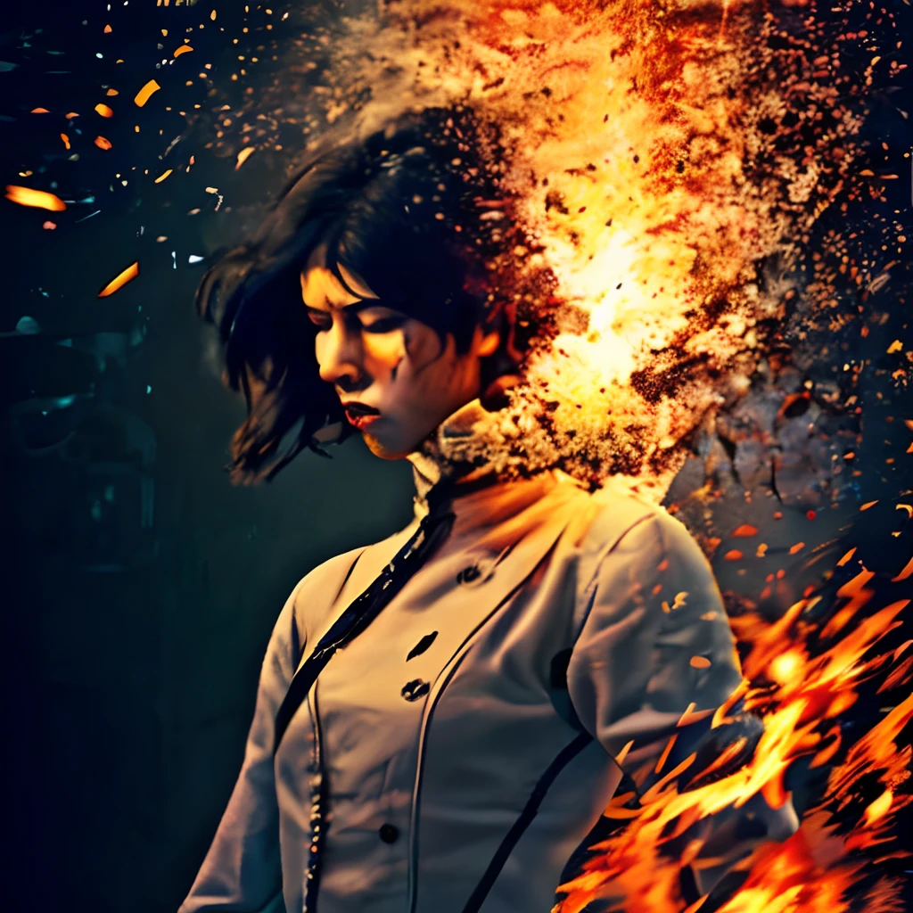 disintegrate, disintegration, burn, turn into dust, masterpiece,best quality,highly detailed,masterpiece, 1girl, human, hair, hand, eyes, fire, flame, sparks, fire sparks, turn into ashes, disintegration adobe effect, dust, blast, explosion, human burn like paper