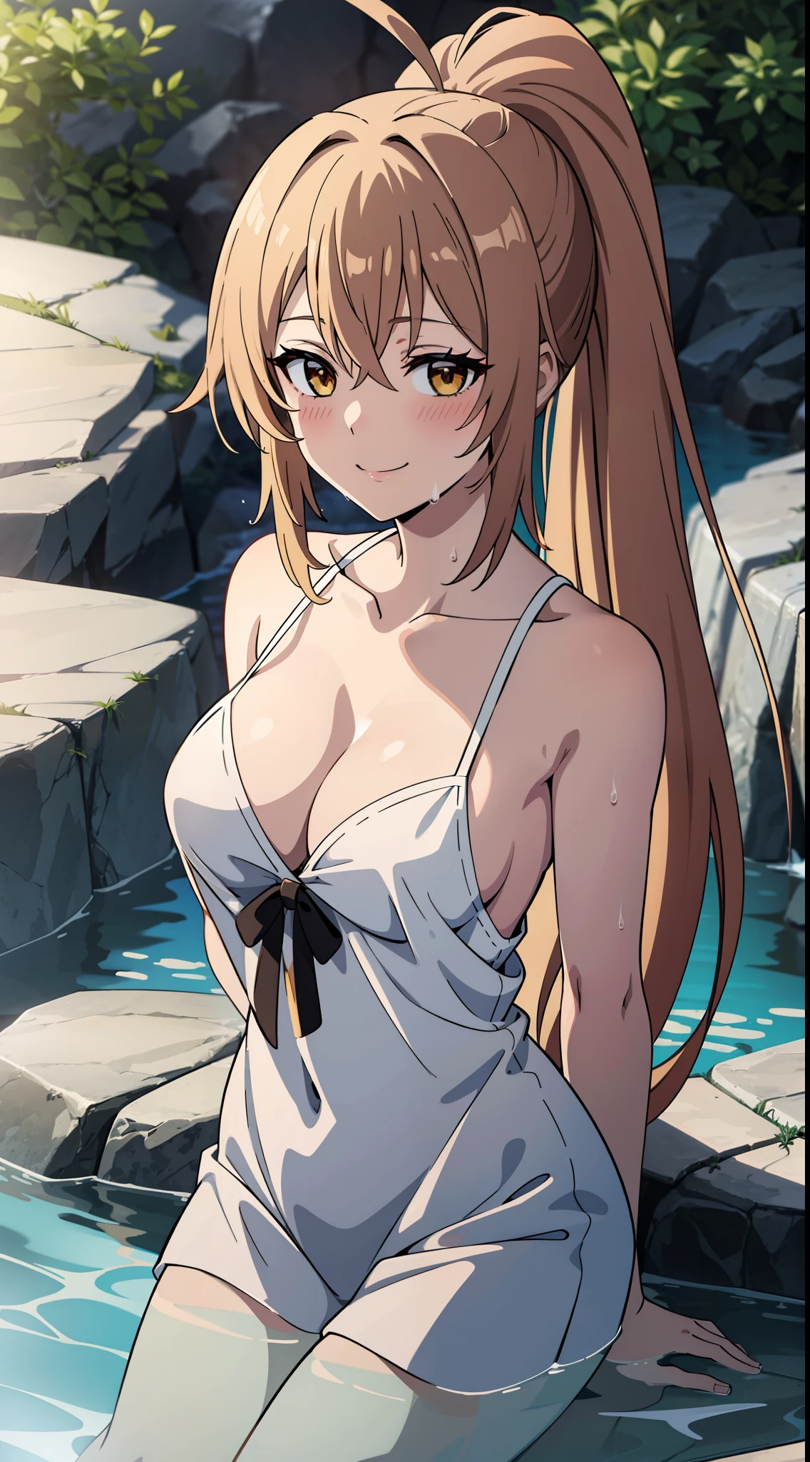 2D, HD, Detailed details, top-quality, Highly detailed, masterpiece, best quality, highres, solo, 1girl, aamumei, very long hair, ponytail, ahoge, looking at viewer, smile, anime styled, breast, teen, blush, body, arms behind back, cleavage, smile, onsen, wet, partially submerged, water, bathing, Take a dip, wet clothes