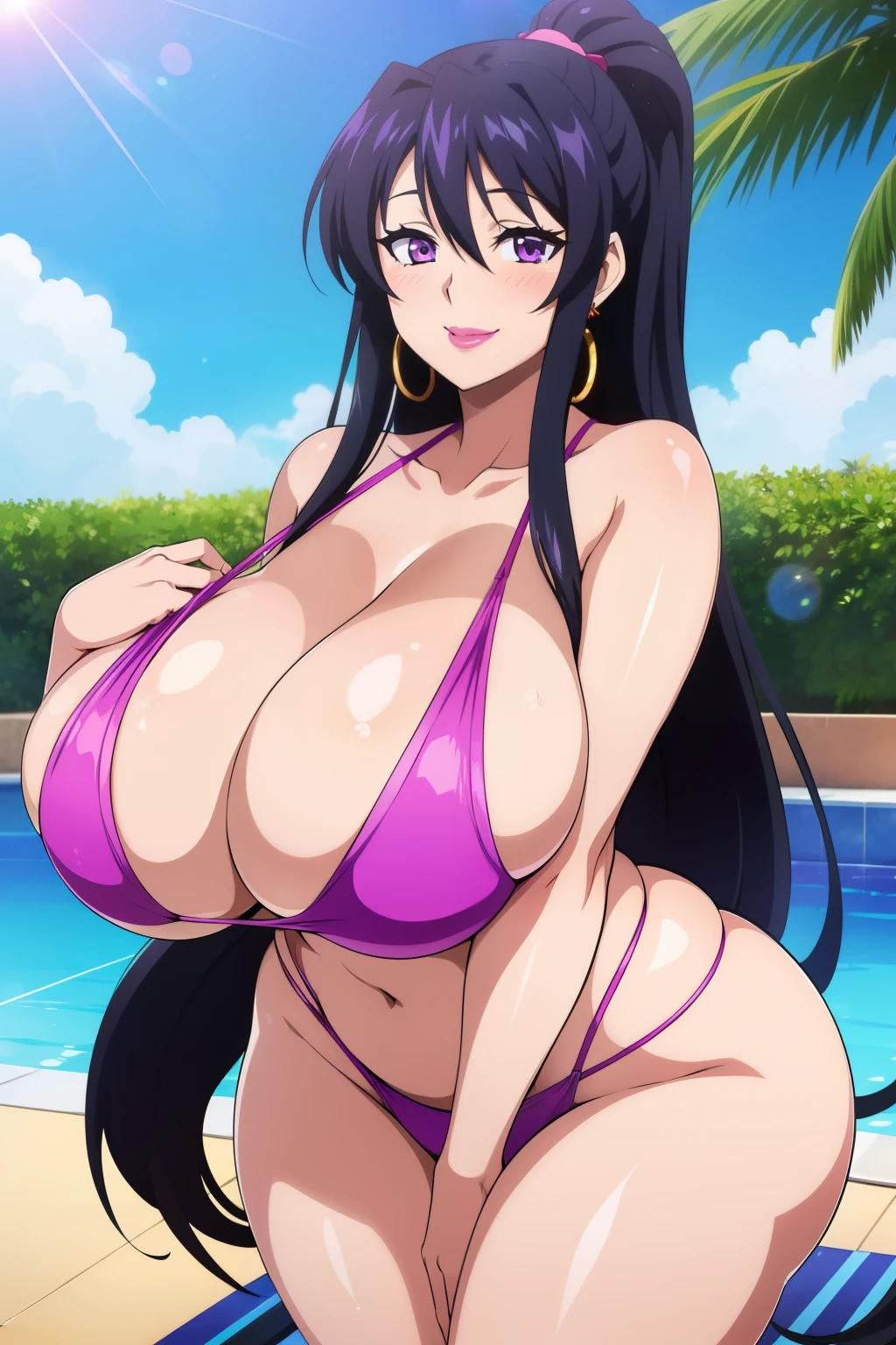 Akeno Himejima, 1girl, (((bimbo))), long black hair, purple eyes, ear rings, (((bimbo))), puffy lips, painted lips, thick lips, smile face, wide hips, thick thighs, towel, huge round ass, huge natural breasts, pool, sun bathing, sun, sun lotion on breasts, grabbing breasts