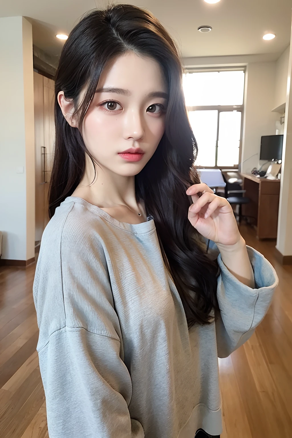 ((Best quality, 8k, Masterpiece :1.3)), 1girl,(random hairstyles), Casual outfit :1.2, Indoor, Ultra-detailed face, Detailed eyes, Double eyelid