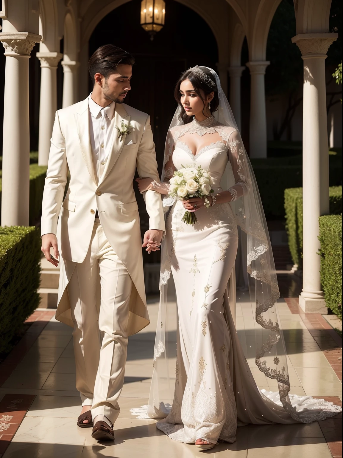 (best quality,photorealistic:1.37),beautiful muslim wife,sexy revealing short wedding dress,vivid colors,radiant glow,romantic atmosphere,luxurious fabric,delicate lace details,elegant silhouettes,sparkling sequins,glistening beads,dramatic open back,floral embroidery,exquisite veil,alluring confidence,subtle makeup,amazingly detailed jewelry,breathtakingly beautiful bride,striking contrast,mesmerizing charm,ethereal beauty,gorgeous hijab,graceful walk,enchanted garden,captivating gestures,fascinating allure,celestial light,fairy tale-like ambiance,unforgettable moments,pristine serenity,stunning bridal portrait,unforgettable love story,immortalize this precious day,once-in-a-lifetime celebration,line of sight,key moments,deep emotions,natural splendor.