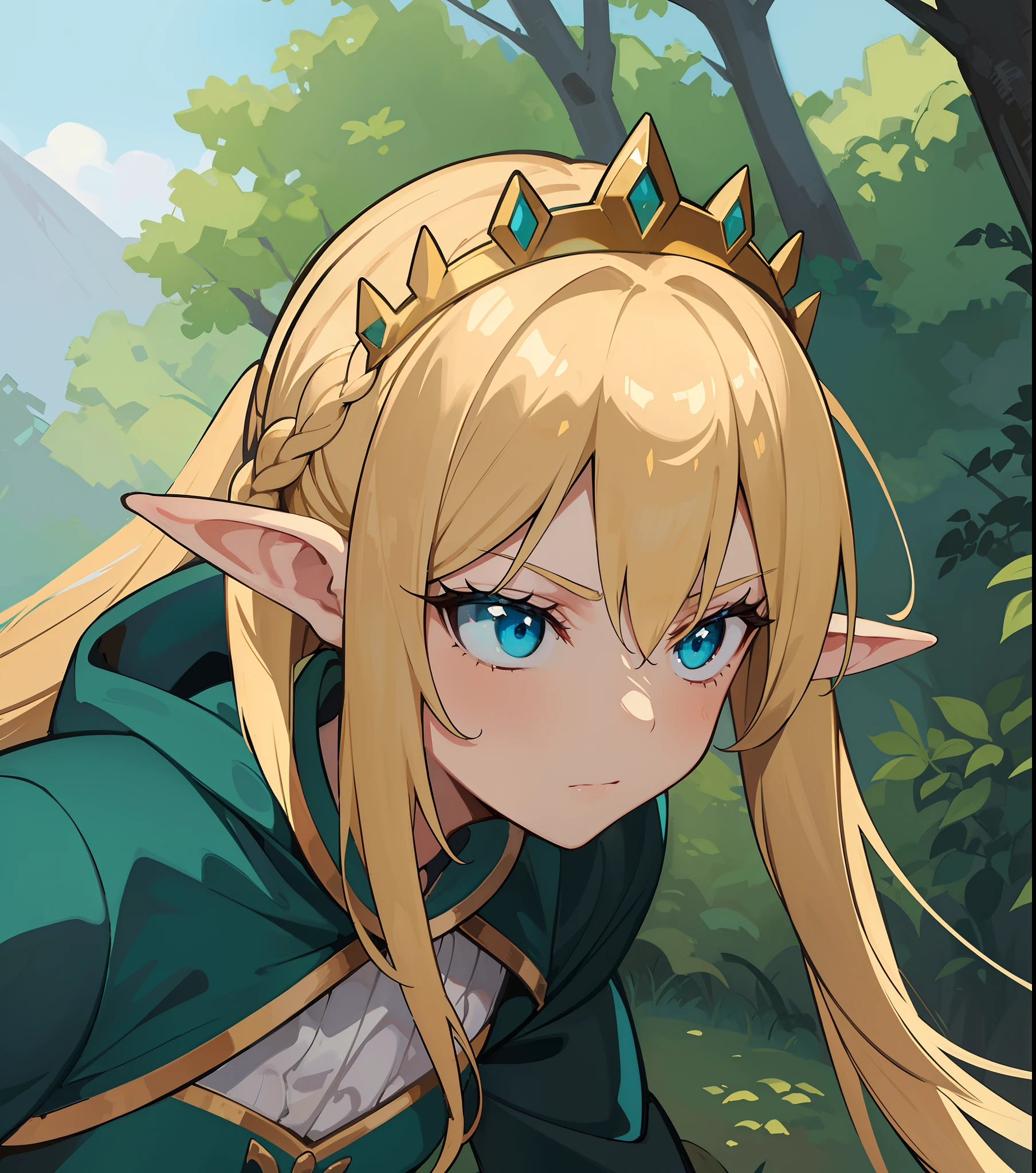 hiquality, tmasterpiece (one girls)  pixie. The crown is golden on the head. Cyan eyes. pigtail. blonde woman. green raincoat. Stern face. in front of a forest background