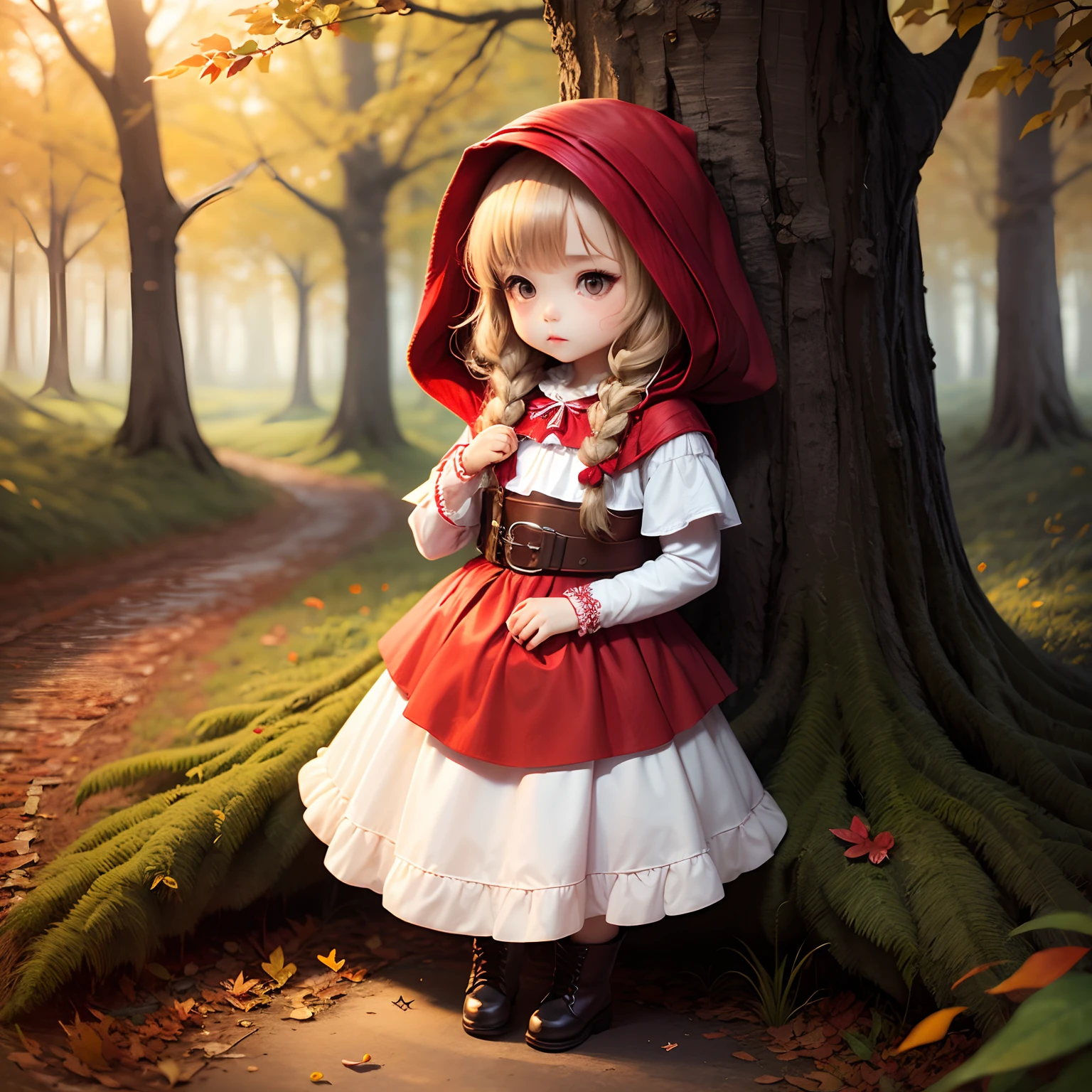 ​masterpiece、top-quality、ultra-detailliert、(Chibi Chara:1.2)(Little Red Riding Hood:1.5),(white dress:1.3)Red braided boots、Chibi Chara Wolf、Fairytale Autumn Forest