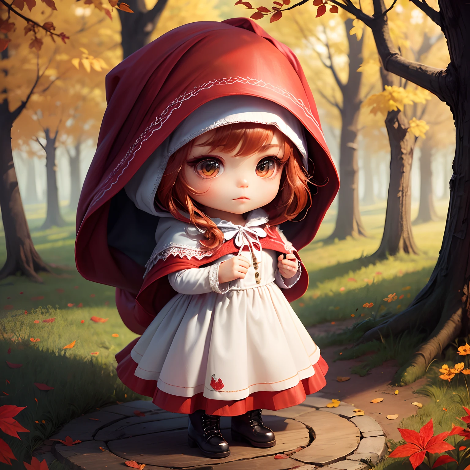 masterpiece、top-quality、ultra-detailliert、(Chibi Chara:1.2)(Little Red Riding Hood:1.5),(white dress:1.3)Red braided boots、Chibi Chara Wolf、Fairytale Autumn Forest