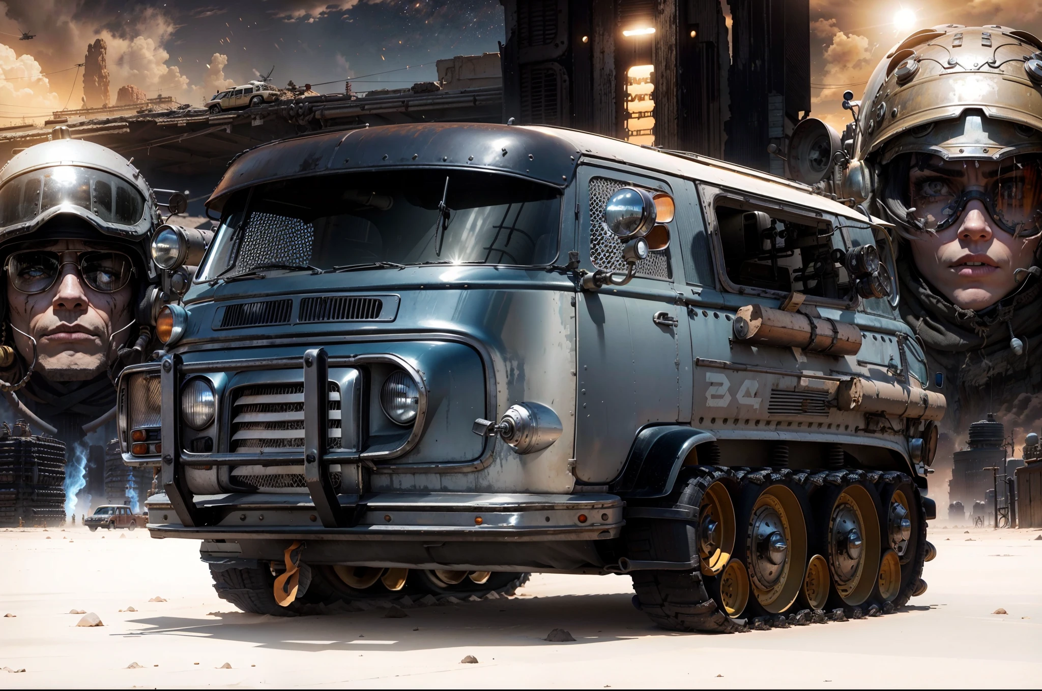 Uma Volksvagen Kombi GRUNGE and old todo-poderoso estilo Mad Max com torpedos e turbina, behind a pilot in Mad Max-style clothes and on the other side a beautiful Mad Max-style warrior woman and in the background explosions in the middle of the desert with Mad Max-style buildings and constructions, The whole scene is in orange yellow hues of the dry desert with a sun shining in the sky