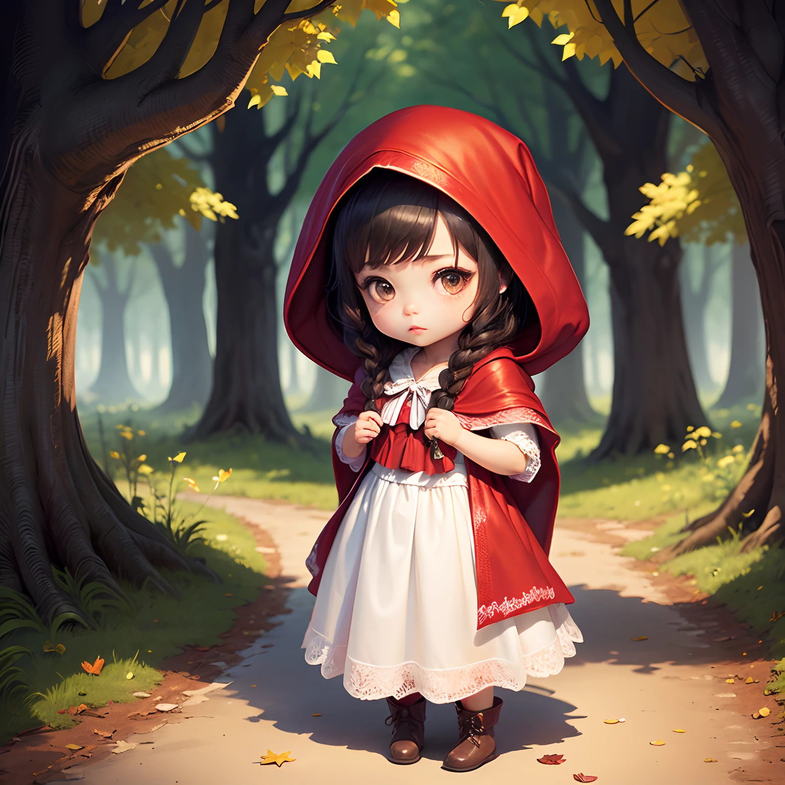 masterpiece、top-quality、ultra-detailliert、(Chibi Chara:1.2)(Little Red Riding Hood:1.5),(White Dress:1.3)Red braided boots、(Chibi Chara Wolf:1.3)、Fairytale autumn forest