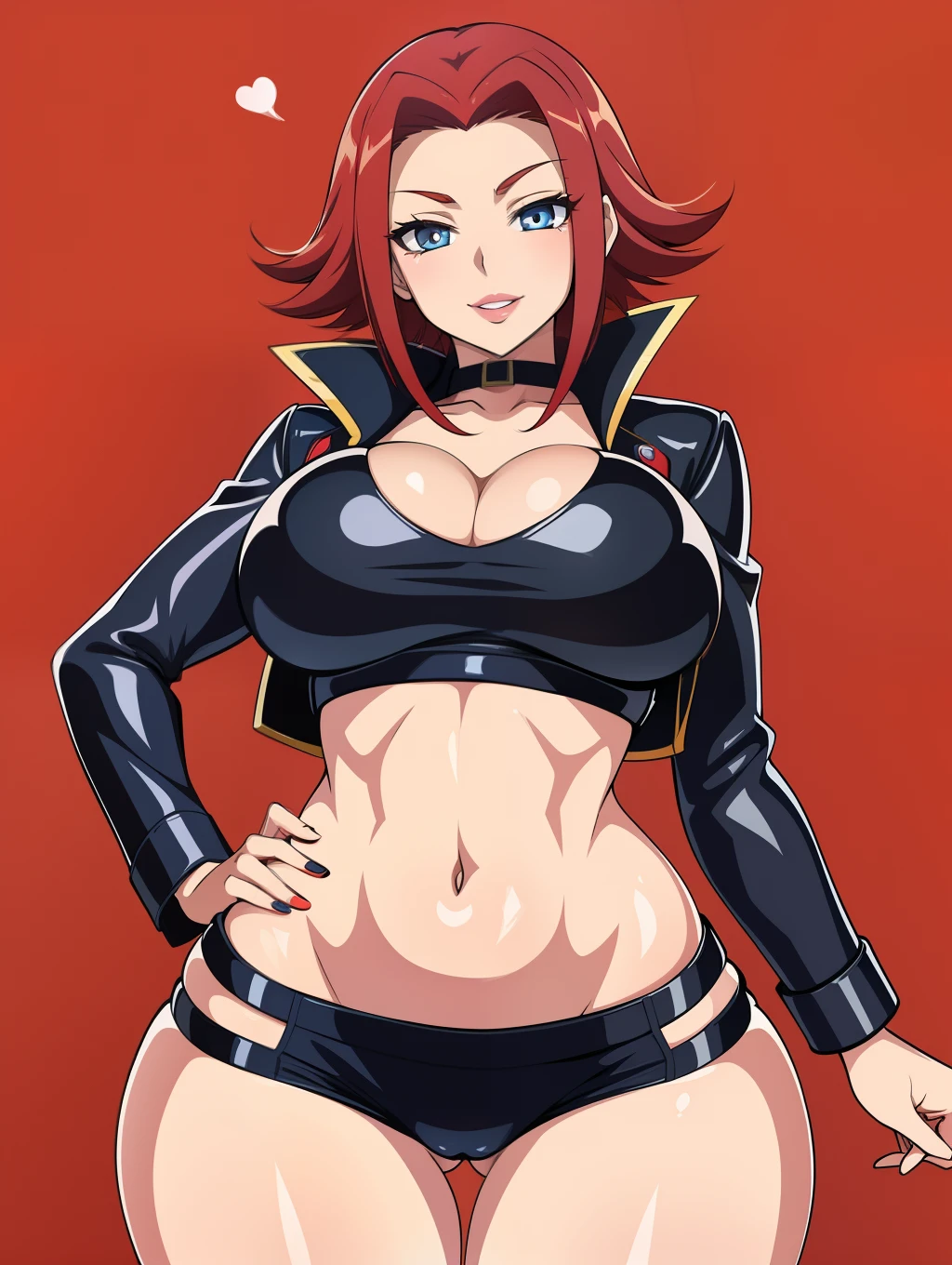 Code Geass, Kallen Stadfeldt 1girl, (((bimbo))), short red hair, puffy lips, painted lips, thick lips, wide hips, thick thighs, big breast, huge ass, revealing cleavage, erotic, Smile face, bubble butt, camel toe, Breasts, black leather jacket, white t shirt, blue jeans