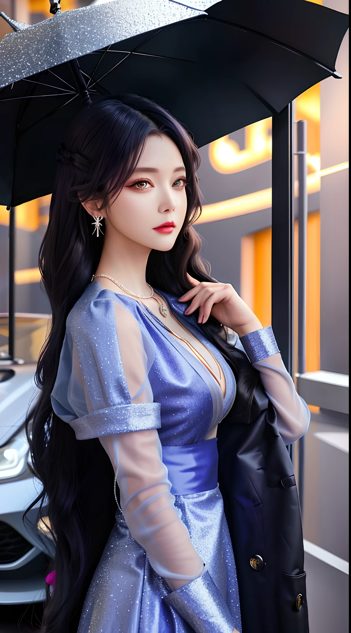 sankta. louis (luxurious wheels) (azur lane), Hair Ornament, Portrait, Silver dress, Revealing clothes, Necklace, Blue Nails, Cityscape, Night, Rain, Wet, (masutepiece:1.4),(Best Quality:1.4),Realistic,fashi-girl,makeup,Red lips,Looking at Viewer, Solo,earrings,8K,Best Quality, masutepiece, Purple eyes,Beautiful light,Supercar in the background,