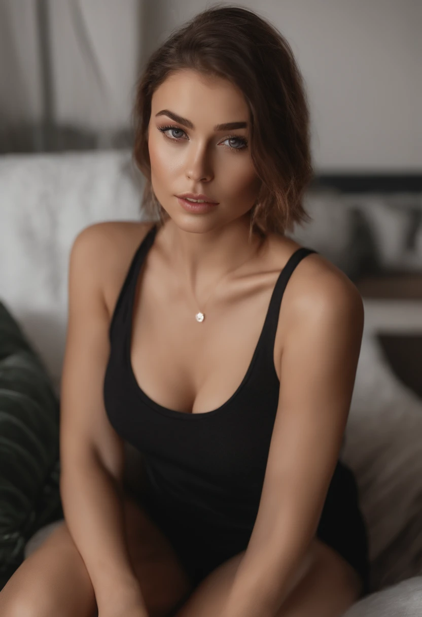 woman with a white tank top and a necklace, sharing drinks with friends, sexy girl with green eyes, portrait, Scarlett Johansson, brown hair and large eyes, selfie of a young woman, bedroom eyes, Lana Del Ray, without makeup, natural makeup, looking directly at the camera, face with artgram, subtle makeup, stunning full body shot, piercing green eyes, beautiful angle, attractive pose, cute girl, brunette goddess, high detail, satisfied pose, wearing blue skirt, small mole on the left side of her chest, full lips, medium breast