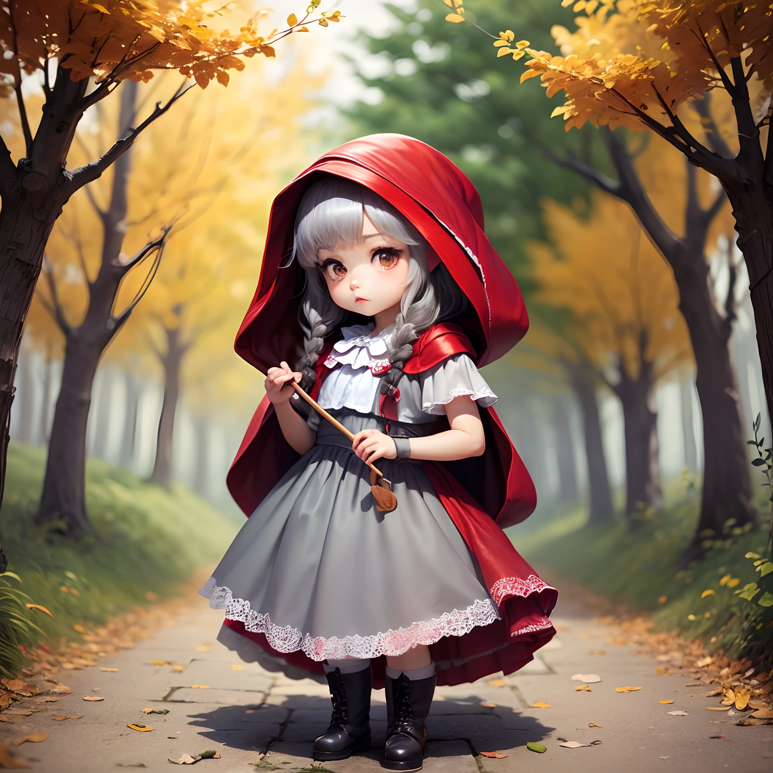 ​masterpiece、top-quality、ultra-detailliert、(Chibi Chara:1.2)(Little Red Riding Hood:1.5),(White Dress:1.3)Red braided boots、(Chibi Chara Gray Wolf:1.3)、Fairytale autumn forest