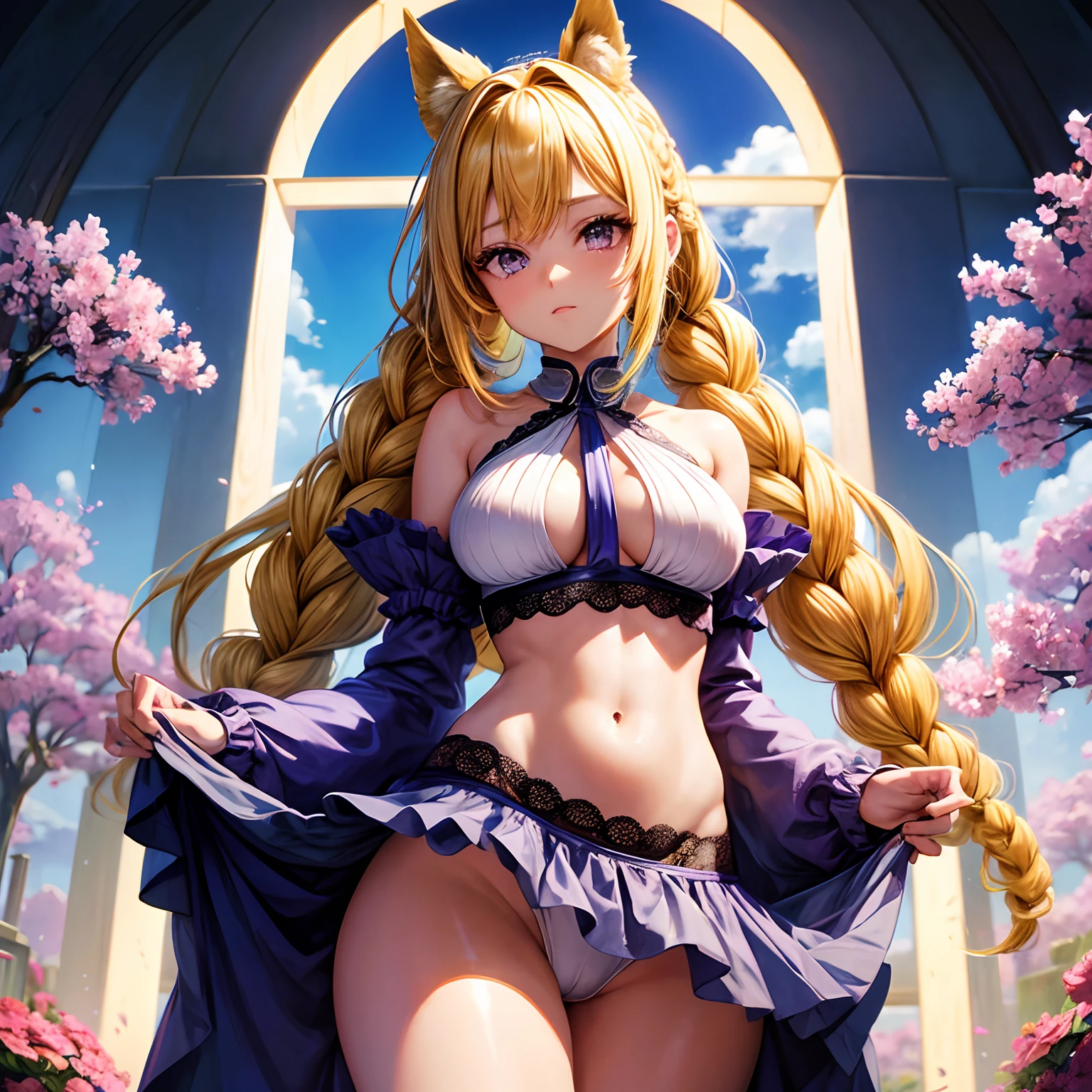 (American Planner),(巨作), (High quality anime illustrations), (Highly detailed and complex), only one girl, Beautiful  girl with yellow hair braids pony, Slim build, Anime style loli, Lilac eyes, Encouraging, Medium-sized breasts of good shape, Focus on the neckline: Very low cut, underboob, Belly, sexy lace cheek, thighs, natural lighting, high contrast.