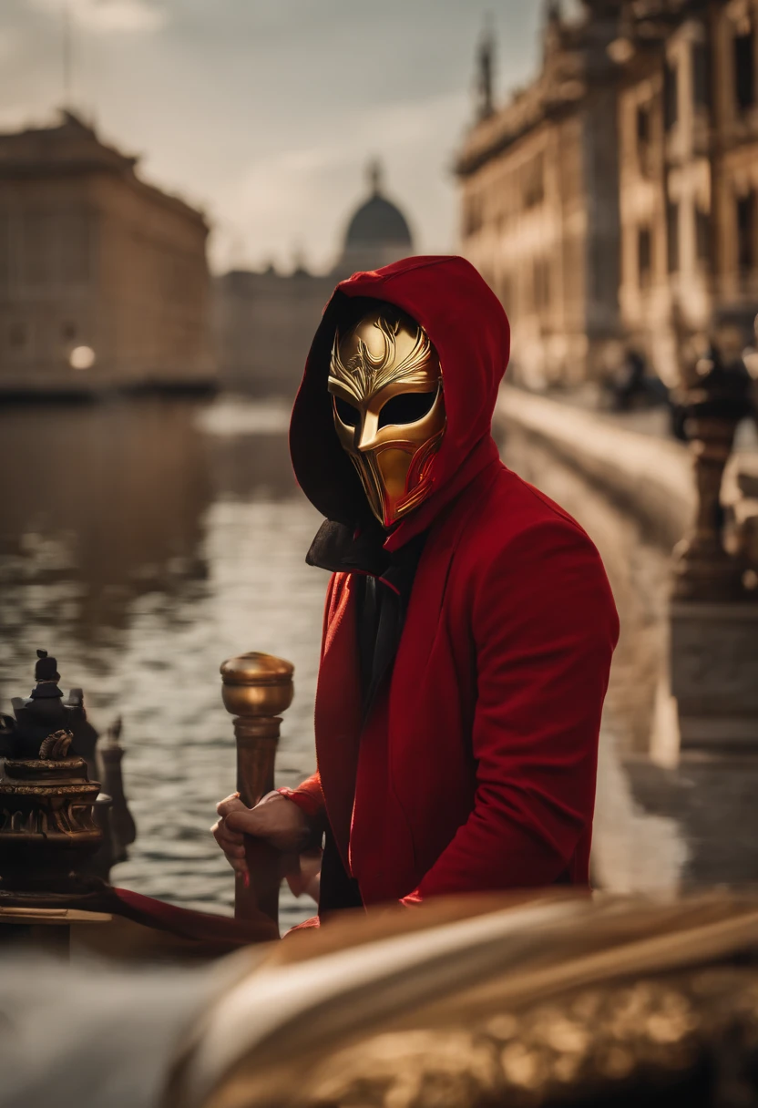 a man wearing a gold mask and a red jacket, anamorphic lenses. high quality, cloth sim, hooded figure, marvel style, shooting, detailed product photo,