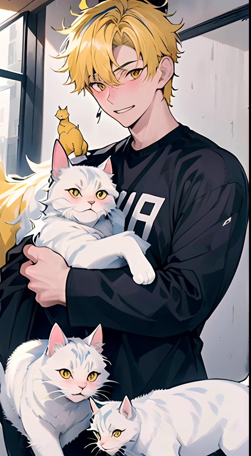 primitive，8K，high qulity，(1 man：1.2），Young man holding three animals: a long-haired white cat, a short-haired yellow cat and a white dog