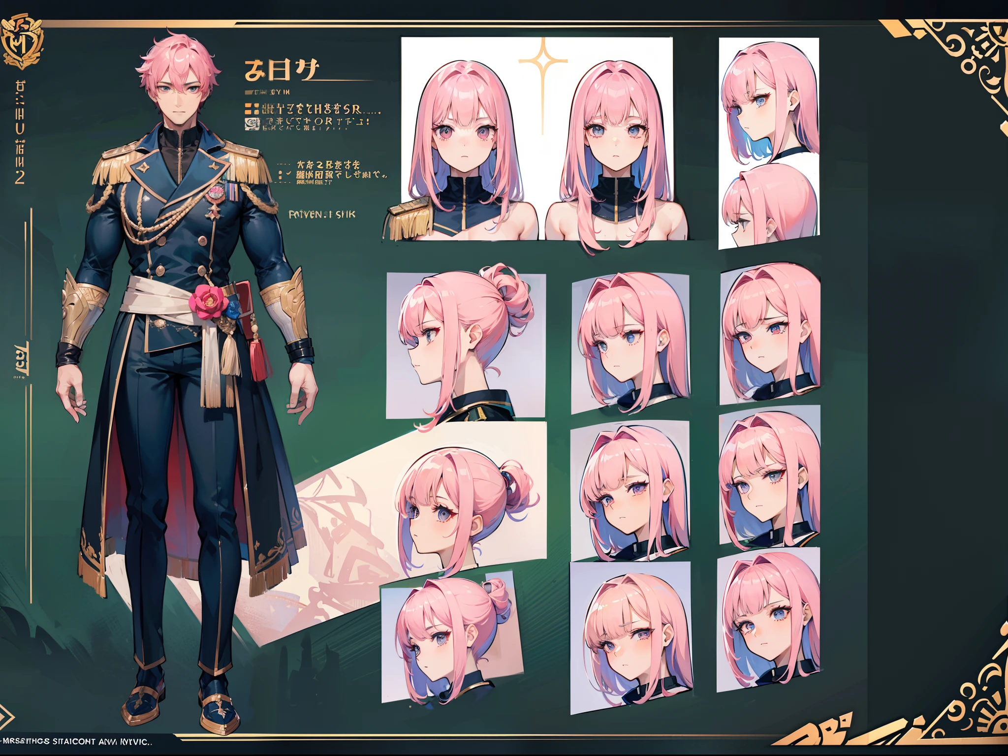 ((Masterpiece, Highest quality)), Detailed face, character design sheet， full bodyesbian, Full of details, frontal body view, back body view, Highly detailed, Depth, Many parts, Muscle boy with pink hair，handsome man, navy, commander, man tall