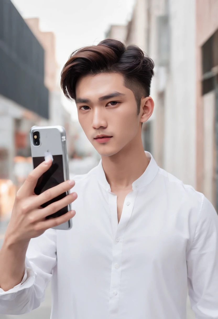 Asian male pretty face, perfect face high-quality, hyper realistic, holding a phone taking a selfie wearing a white shirt walking on the street
