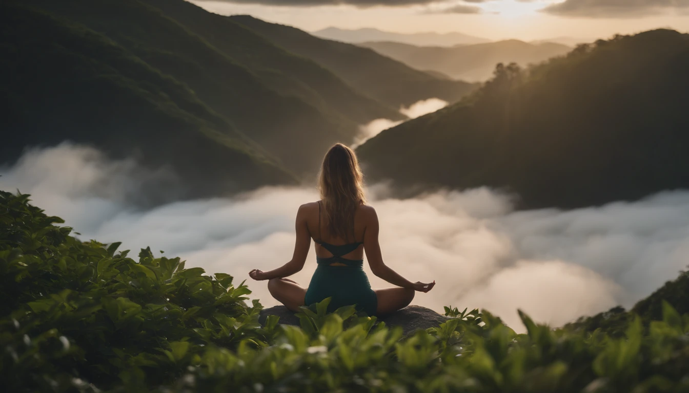 beautiful woman , meditation , meditation , lush , island , above the cloud, front view ,8k HD high definition 8k UHD, DSLR