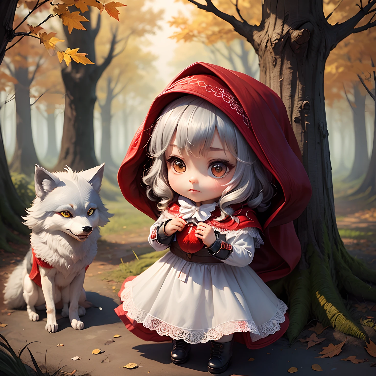 masterpiece、top-quality、ultra-detailliert、(Chibi Chara:1.2)(Little Red Riding Hood:1.5),(White Dress:1.3)Red braided boots、(Chibi Chara Gray Wolf:1.3)、Fairytale autumn forest