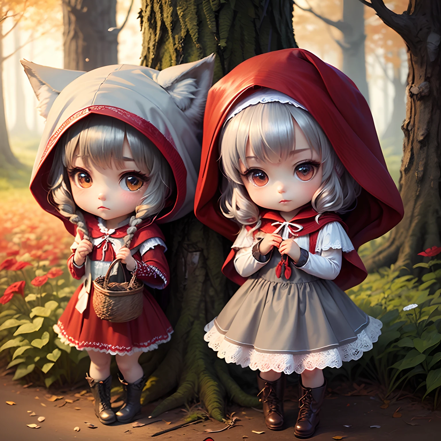 masterpiece、top-quality、ultra-detailliert、(Chibi Chara:1.2)(Little Red Riding Hood:1.5),(White Dress:1.3)Red braided boots、(Chibi Chara Gray Wolf:1.3)、Fairytale autumn forest