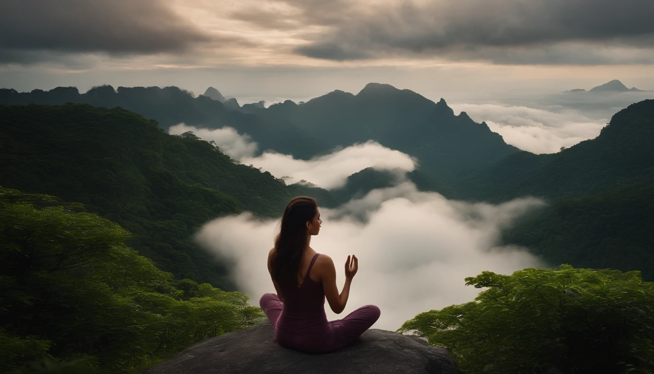 beautiful woman , meditation , meditation , lush , island , above the cloud, front view ,8k HD high definition 8k UHD, DSLR