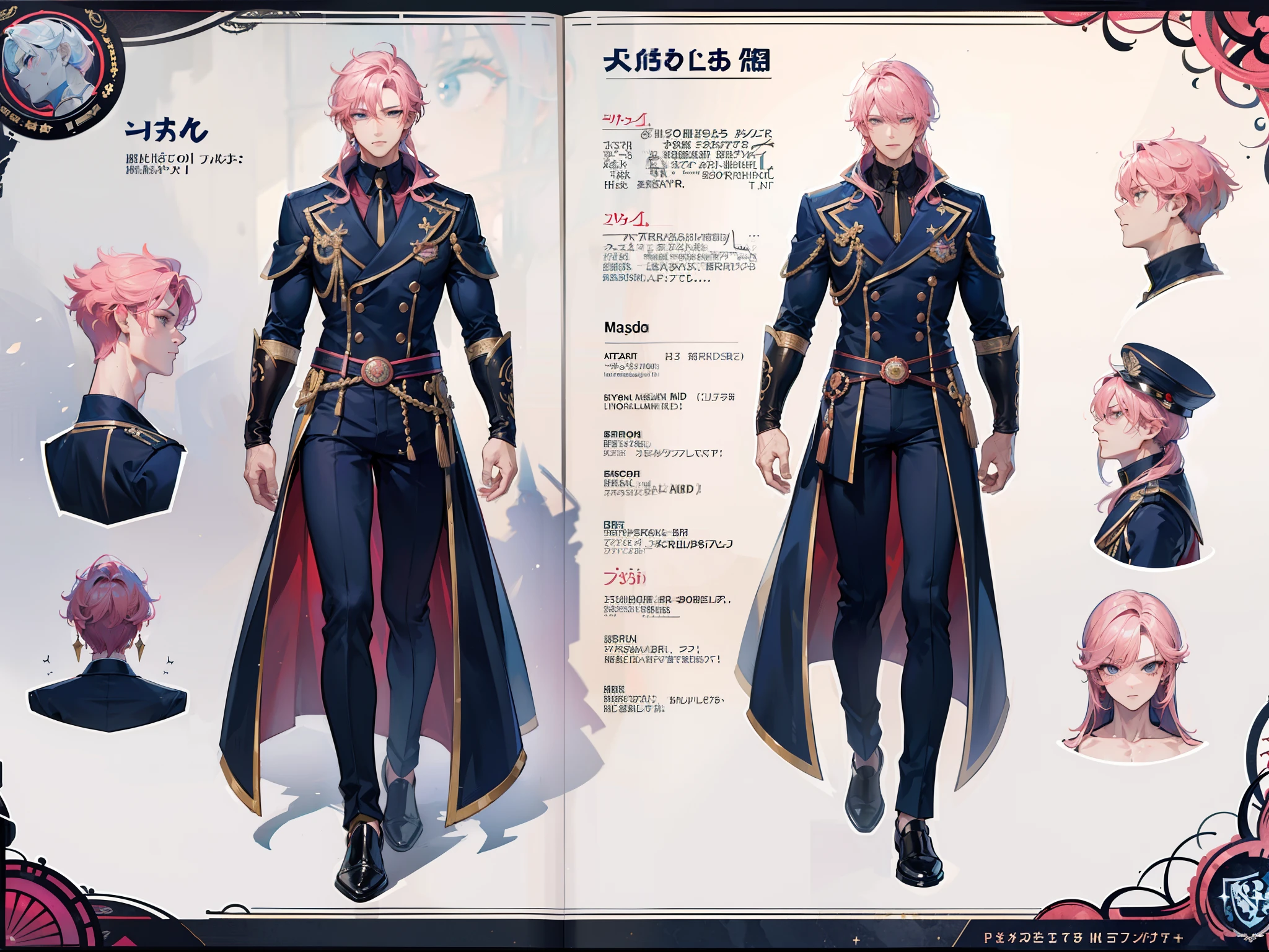 ((Masterpiece, Highest quality)), Detailed face, character design sheet, full bodyesbian, Full of details, frontal body view, back body view, Highly detailed, Depth, Many parts, Muscle boy with pink hair,handsome man, navy, commander, man tall