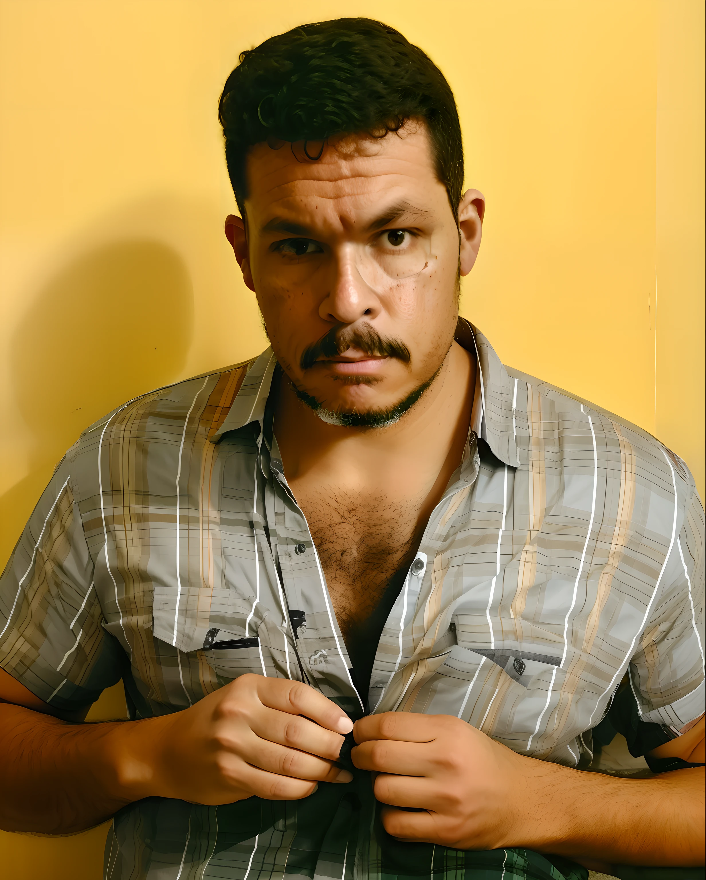 guttonerdvision10, Homem de oculos e de camisa xadrez ajustando a gola da camisa, retrato do homem robusto, Marcos Eduardo Fischbach, bigode grosso, Homem na casa dos 30 anos, Romain Jouandeau, h3h3, Ethan Klein, Dustin Panzino, Condutor de Ene, Gaspar algo, pelos no peito, daniel mirante, inspirado em Marcos Restrepo