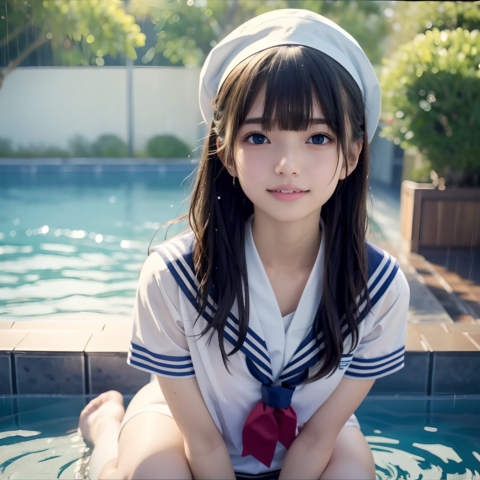 NSFW, 8k RAW photo, （（Sailor School Uniform））top-quality, ​masterpiece,kawaii faces、dual、hot onsen、 A smile、kawaii faces、超A high resolution, film grains, filmg, 1girl in, looking at the viewers, natural skin textures, realistic eyes and face details, Perfect tooth alignment、Perfect eyes and perfect mouth、 bangss, School swim wear、cparted lips, s lips,Wet in the rain、Clothes are disheveled、full body Esbian
