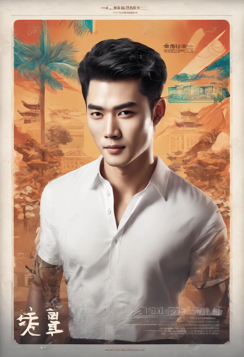 Asian male pretty face, perfect face, high-quality, hyper realistic, looking at the camera, smiling, wearing a white shirt walking on the street