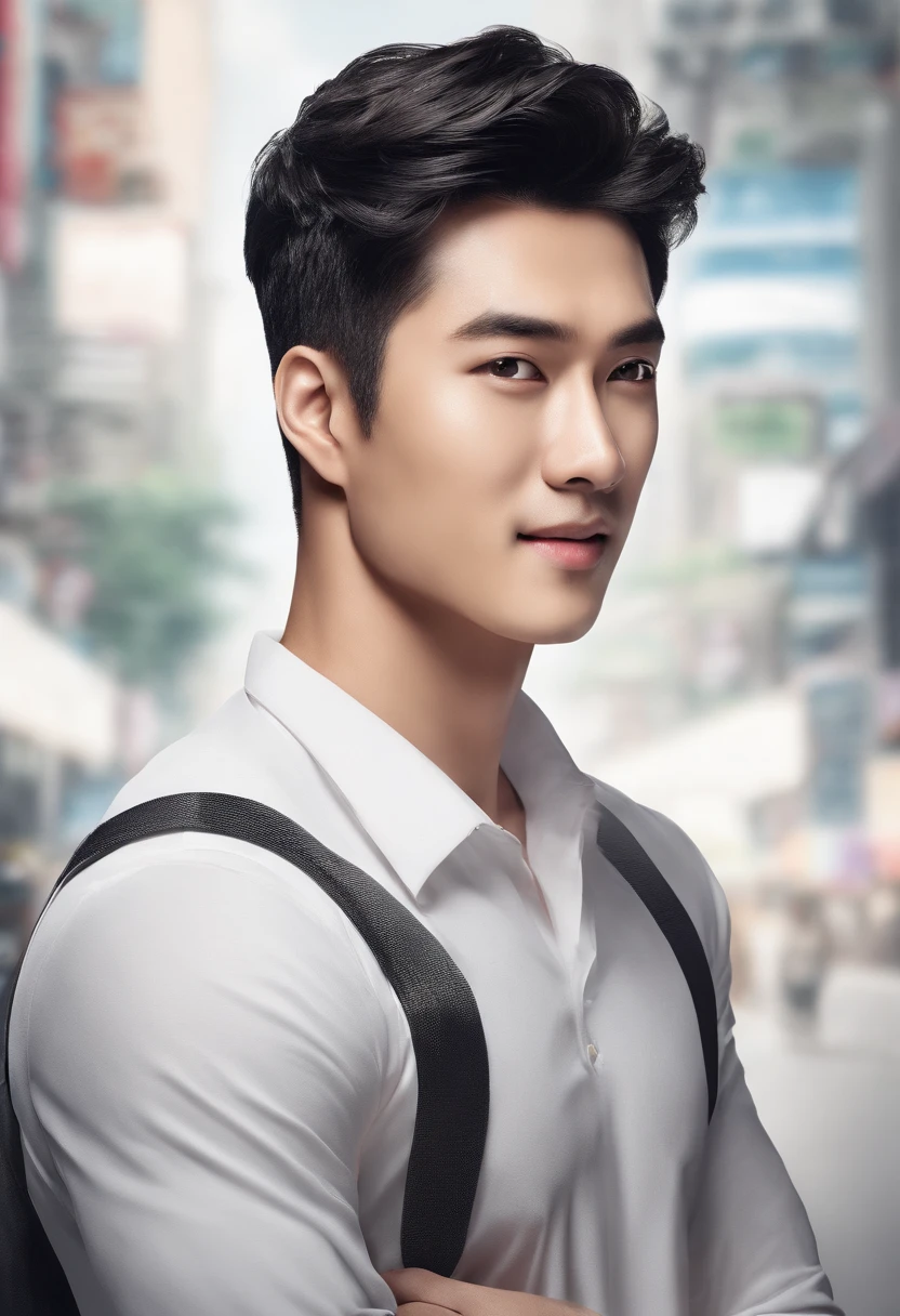 Asian male pretty face, perfect face, high-quality, hyper realistic, looking at the camera, smiling, wearing a white shirt walking on the street