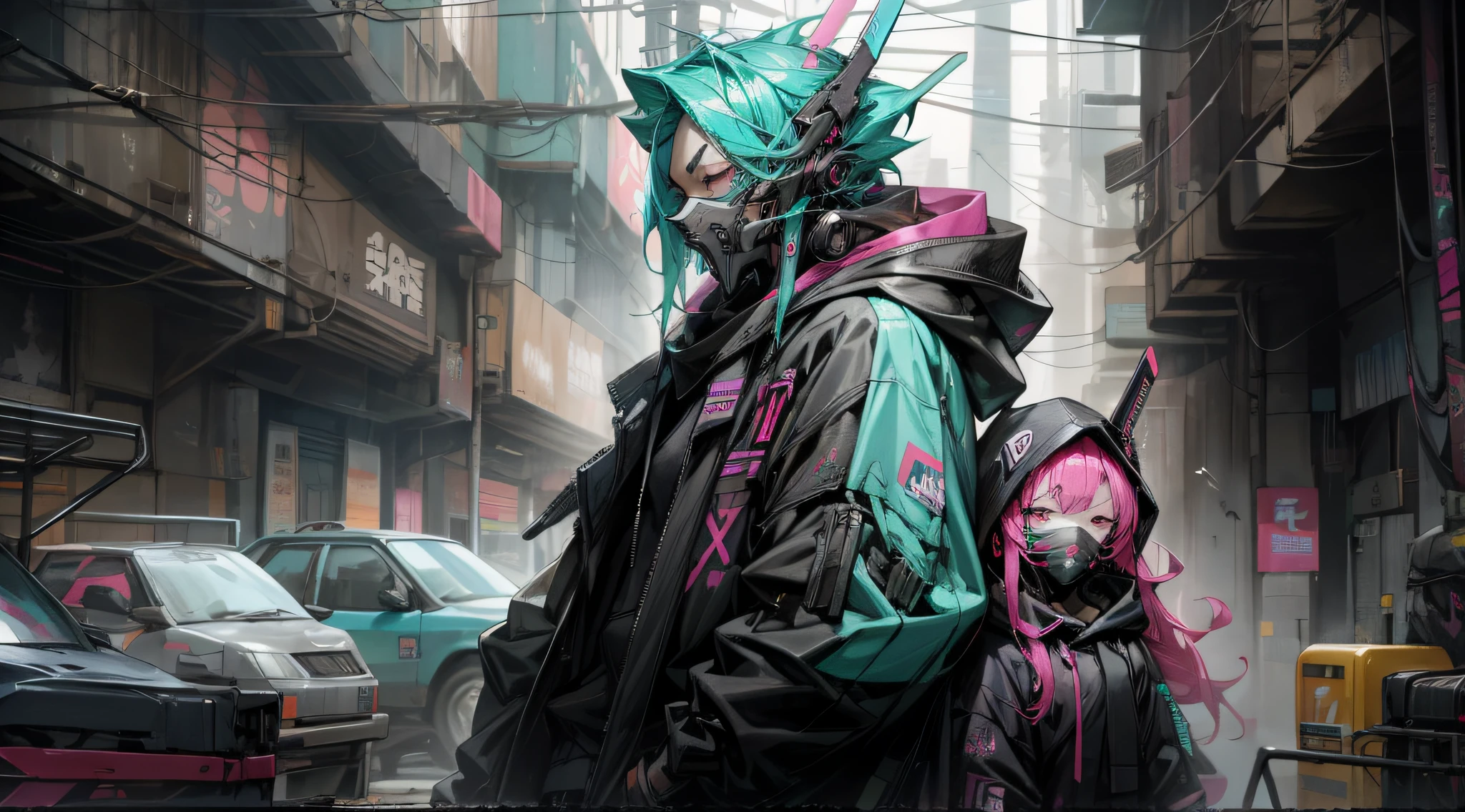 There was a boys and girla wearing a mask and a black hoodie，With a knife in his hand, Hyper-realistic cyberpunk style，Digital cyberpunk anime style，cyan and magenta colors